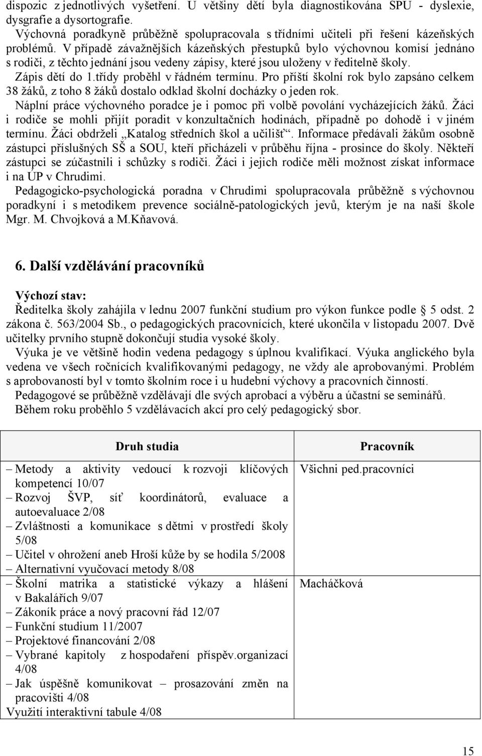 V případě závažnějších kázeňských přestupků bylo výchovnou komisí jednáno s rodiči, z těchto jednání jsou vedeny zápisy, které jsou uloženy v ředitelně školy. Zápis dětí do 1.