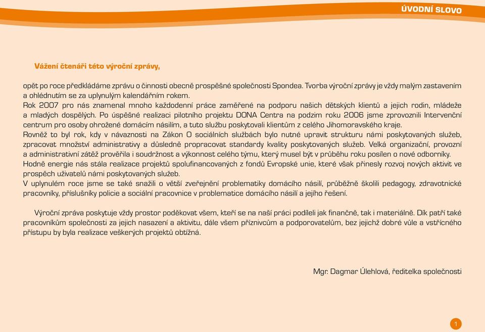 Rok 2007 pro nás znamenal mnoho každodenní práce zaměřené na podporu našich dětských klientů a jejich rodin, mládeže a mladých dospělých.