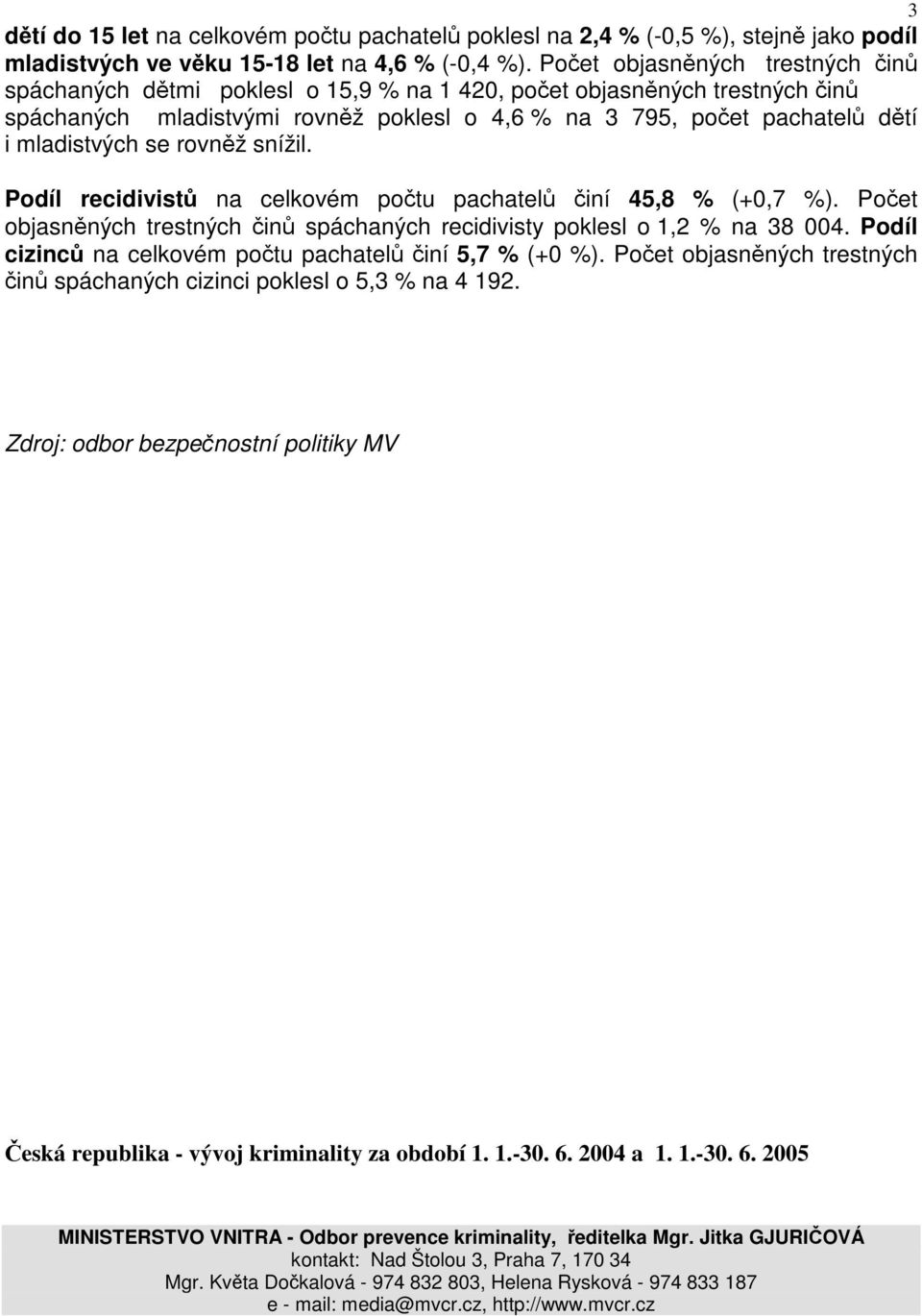 mladistvých se rovněž snížil. Podíl recidivistů na celkovém počtu pachatelů činí 45,8 % (+0,7 %). Počet objasněných trestných činů spáchaných recidivisty poklesl o 1,2 % na 38 004.