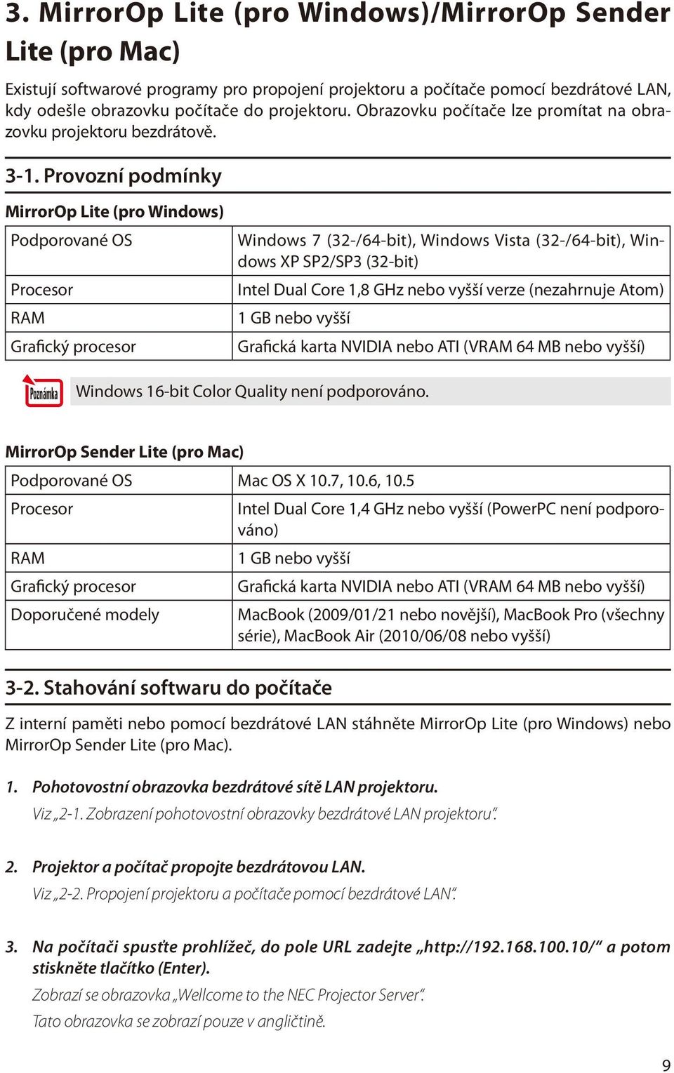 Provozní podmínky MirrorOp Lite (pro Windows) Podporované OS Procesor RAM Grafický procesor Windows 7 (32-/64-bit), Windows Vista (32-/64-bit), Windows XP SP2/SP3 (32-bit) Intel Dual Core 1,8 GHz