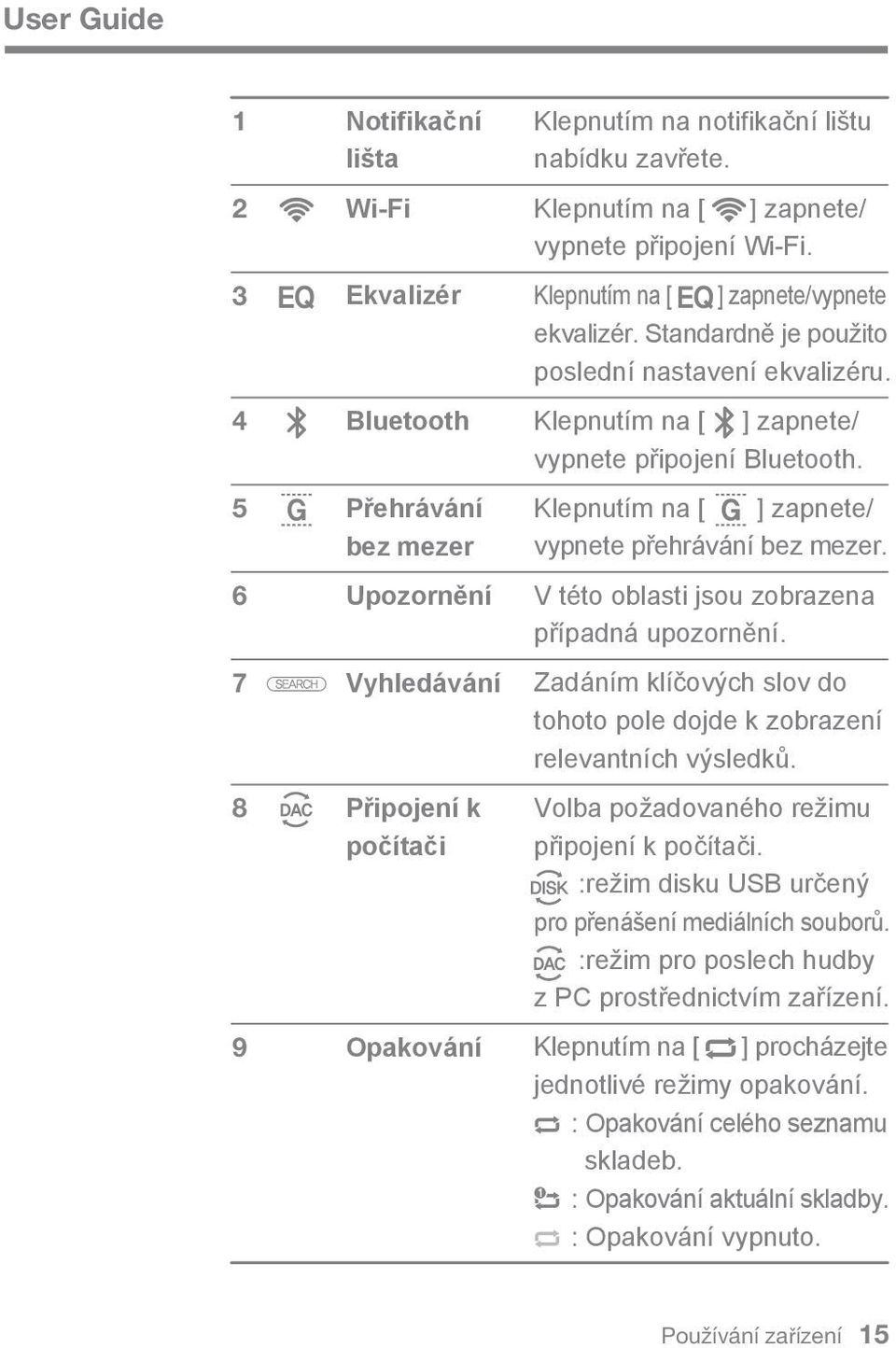 Klepnutím na [ ] zapnete/ vypnete připojení Bluetooth. Klepnutím na [ ] zapnete/ vypnete přehrávání bez mezer. V této oblasti jsou zobrazena případná upozornění.