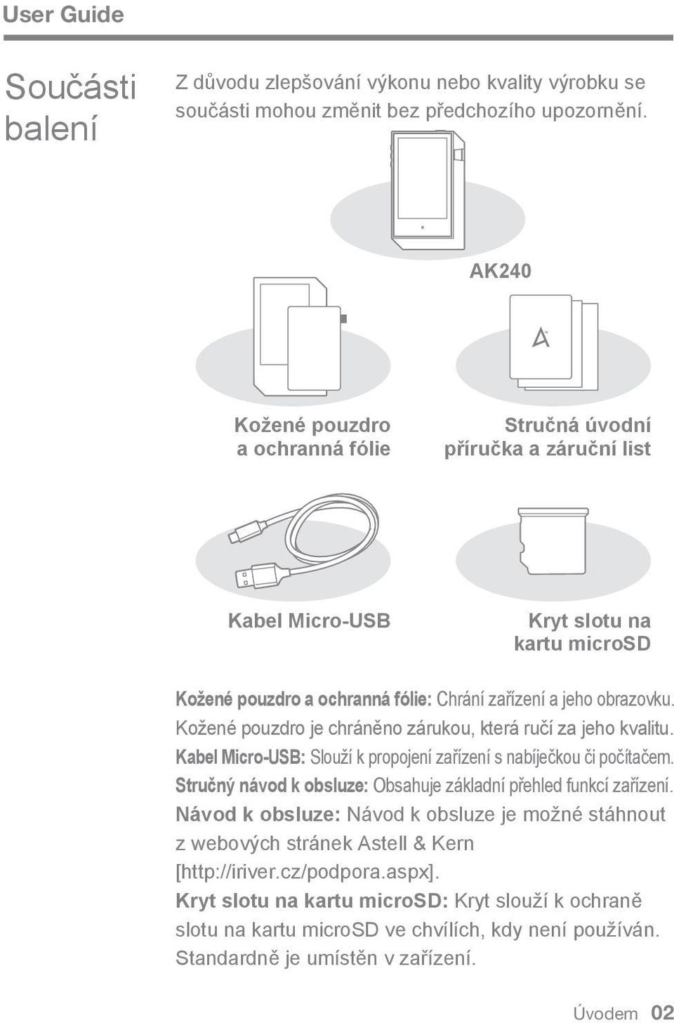 Kožené pouzdro je chráněno zárukou, která ručí za jeho kvalitu. Kabel Micro-USB: Slouží k propojení zařízení s nabíječkou či počítačem.