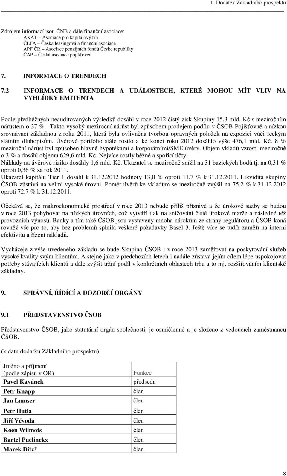 2 INFORMACE O TRENDECH A UDÁLOSTECH, KTERÉ MOHOU MÍT VLIV NA VYHLÍDKY EMITENTA Podle předběžných neauditovaných výsledků dosáhl v roce 2012 čistý zisk Skupiny 15,3 mld.