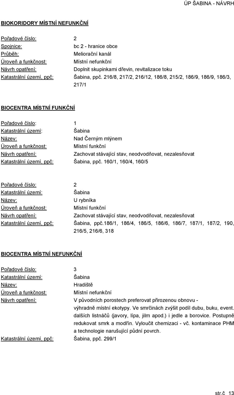 216/8, 217/2, 216/12, 186/8, 215/2, 186/9, 186/9, 186/3, 217/1 BIOCENTRA MÍSTNÍ FUNKČNÍ Pořadové číslo: 1 Katastrální území: Šabina Název: Nad Černým mlýnem Úroveň a funkčnost: Místní funkční Návrh