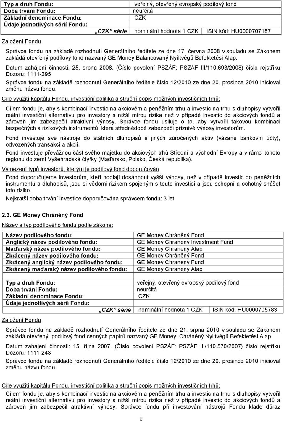 června 2008 v souladu se Zákonem zakládá otevřený podílový fond nazvaný GE Money Balancovaný Nyíltvégű Befektetési Alap. Datum zahájení činnosti: 25. srpna 2008. (Číslo povolení PSZÁF: PSZÁF III/110.