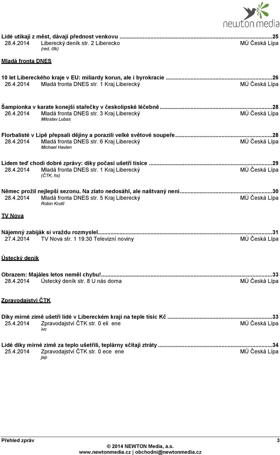 1 Kraj Liberecký MÚ Česká Lípa Šampionka v karate konejší stařečky v českolipské léčebně... 28 26.4.2014 Mladá fronta DNES str.