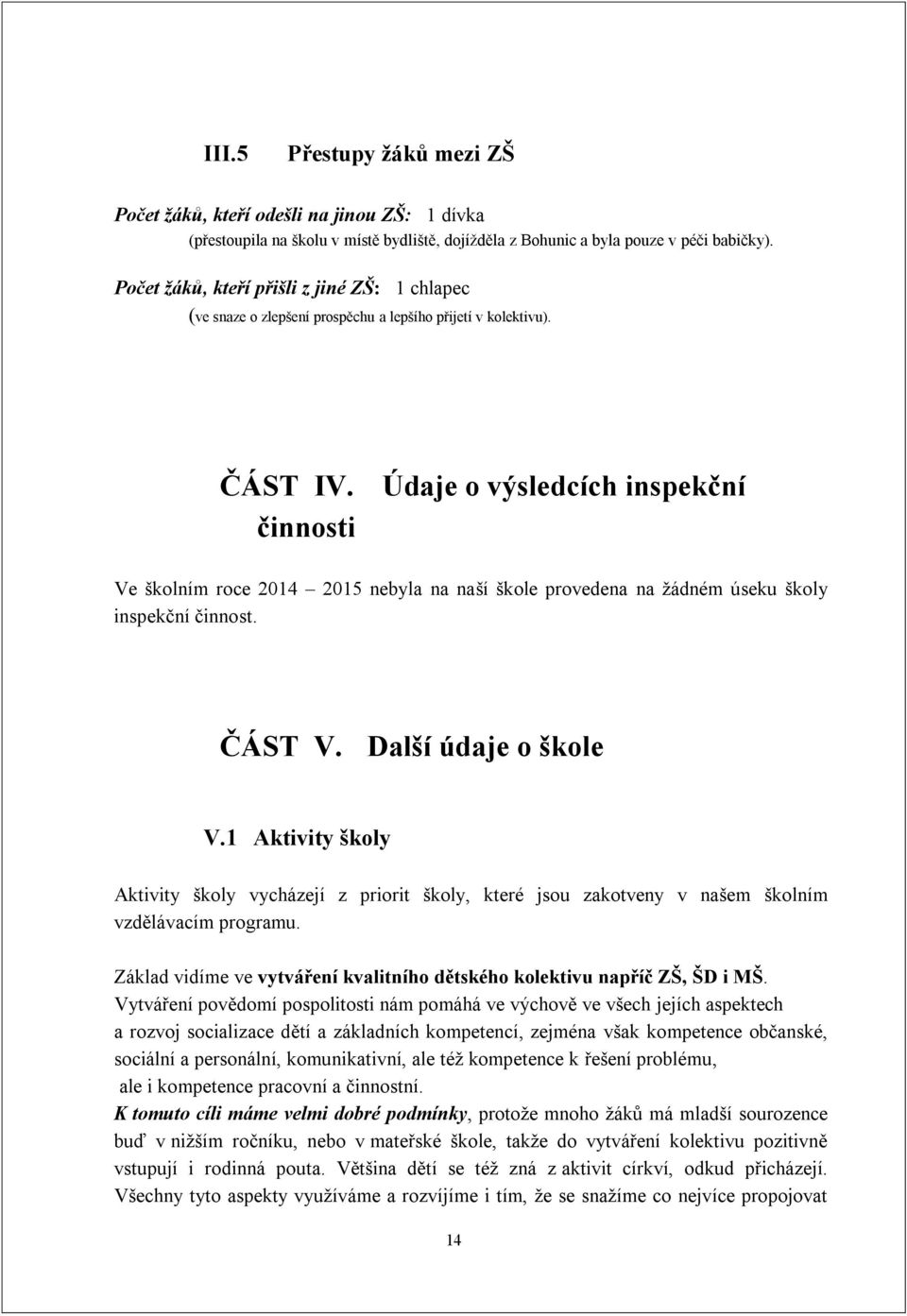 Údaje o výsledcích inspekční činnosti Ve školním roce 2014 2015 nebyla na naší škole provedena na žádném úseku školy inspekční činnost. ČÁST V. Další údaje o škole V.