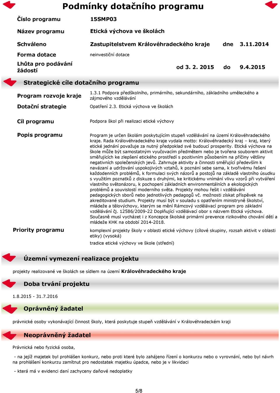 3. Etická výchova ve školách Cíl programu Popis programu Priority programu Podpora škol při realizaci etické výchovy Program je určen školám poskytujícím stupeň vzdělávání na území Královéhradeckého