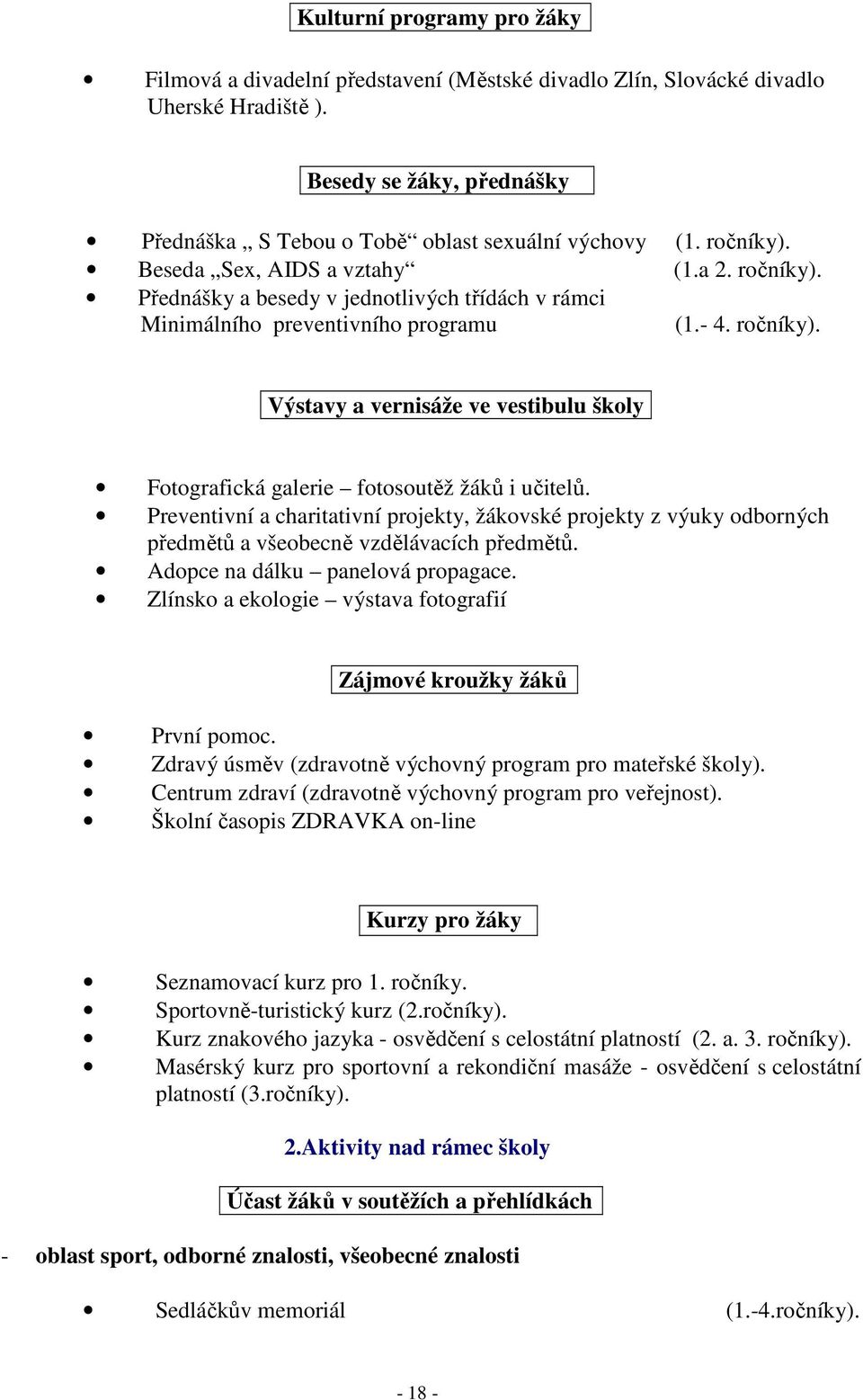 Preventivní a charitativní projekty, žákovské projekty z výuky odborných předmětů a všeobecně vzdělávacích předmětů. Adopce na dálku panelová propagace.