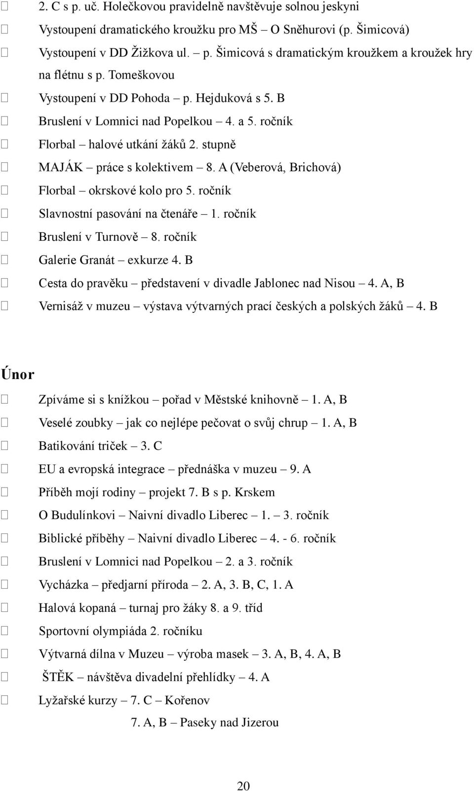 A (Veberová, Brichová) Florbal okrskové kolo pro 5. ročník Slavnostní pasování na čtenáře 1. ročník Bruslení v Turnově 8. ročník Galerie Granát exkurze 4.