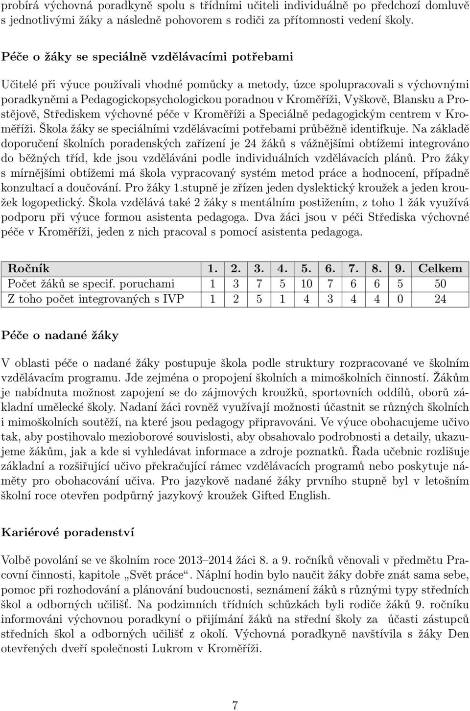 Vyškově, Blansku a Prostějově, Střediskem výchovné péče v Kroměříži a Speciálně pedagogickým centrem v Kroměříži. Škola žáky se speciálními vzdělávacími potřebami průběžně identifkuje.