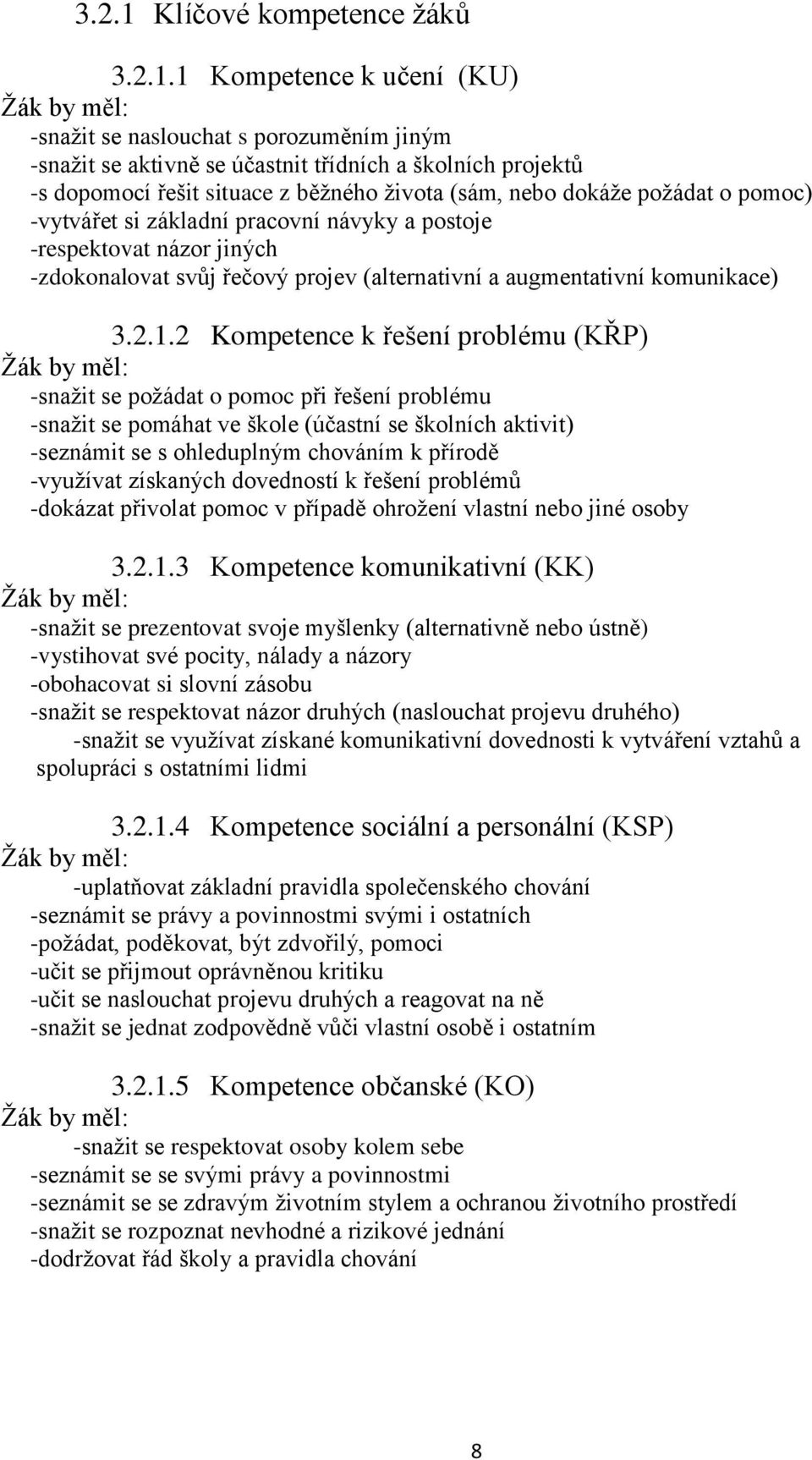 1 Kompetence k učení (KU) Žák by měl: -snažit se naslouchat s porozuměním jiným -snažit se aktivně se účastnit třídních a školních projektů -s dopomocí řešit situace z běžného života (sám, nebo