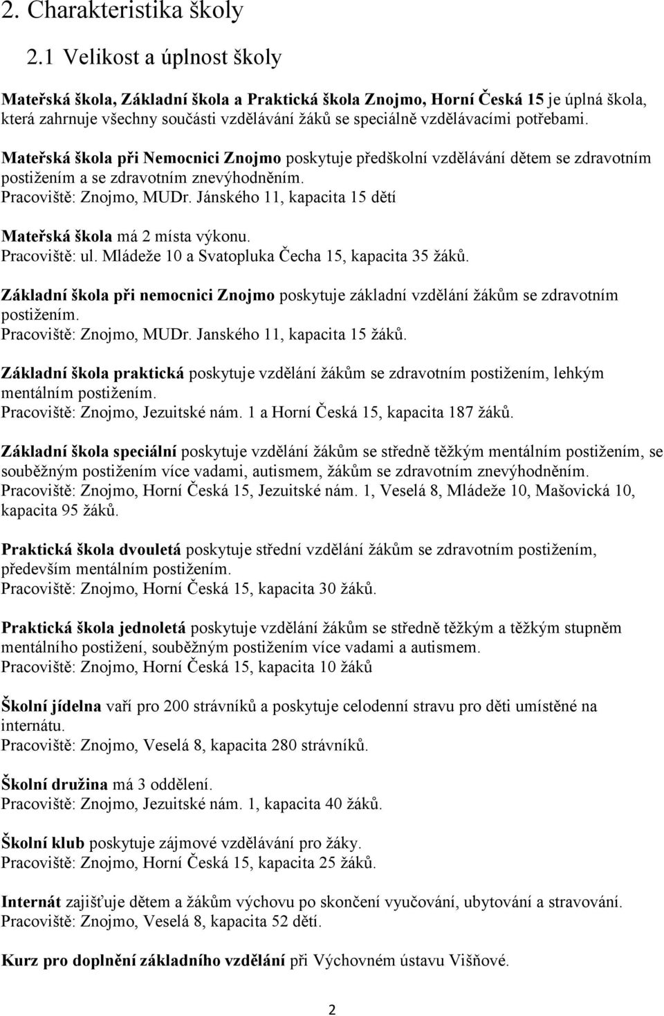 Mateřská škola při Nemocnici Znojmo poskytuje předškolní vzdělávání dětem se zdravotním postižením a se zdravotním znevýhodněním. Pracoviště: Znojmo, MUDr.