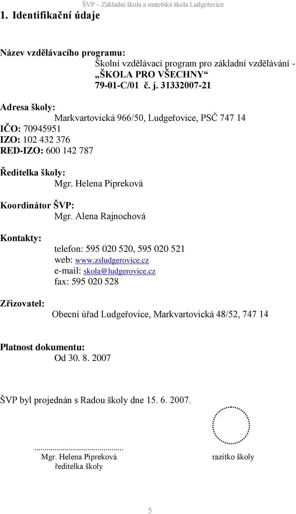 Helena Pipreková Koordinátor ŠVP: Mgr. Alena Rajnochová Kontakty: Zřizovatel: telefon: 595 020 520, 595 020 521 web: www.zsludgerovice.cz e-mail: skola@ludgerovice.