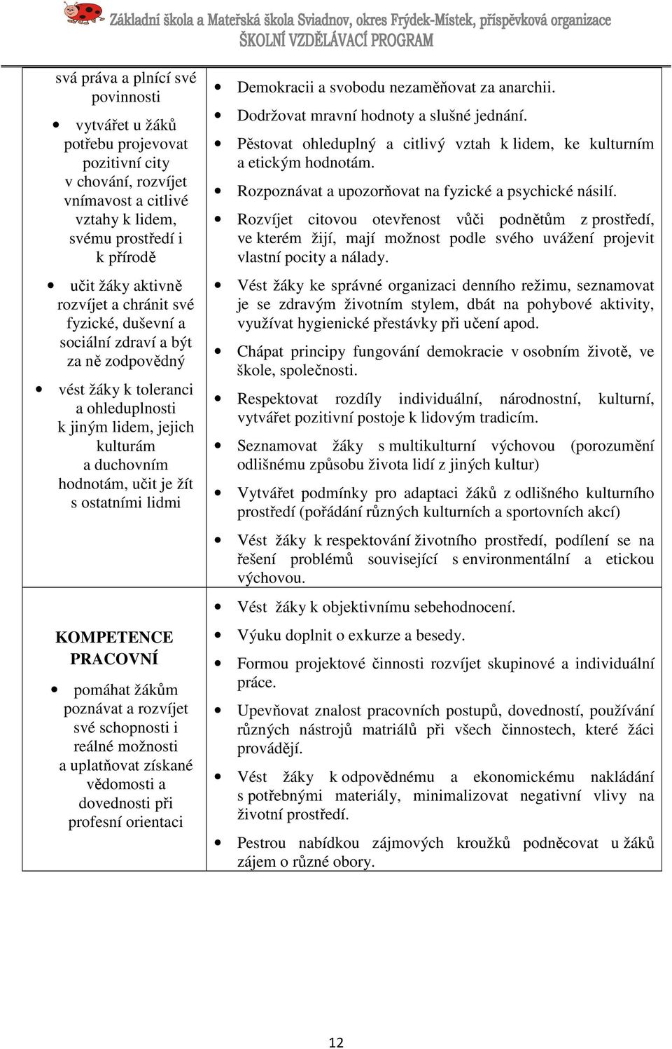 KOMPETENCE PRACOVNÍ pomáhat žákům poznávat a rozvíjet své schopnosti i reálné možnosti a uplatňovat získané vědomosti a dovednosti při profesní orientaci Demokracii a svobodu nezaměňovat za anarchii.