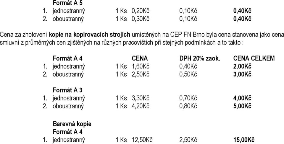 smluvní z průměrných cen zjištěných na různých pracovištích při stejných podmínkách a to takto : Formát A 4 CENA DPH 20% zaok. CENA CELKEM 1.