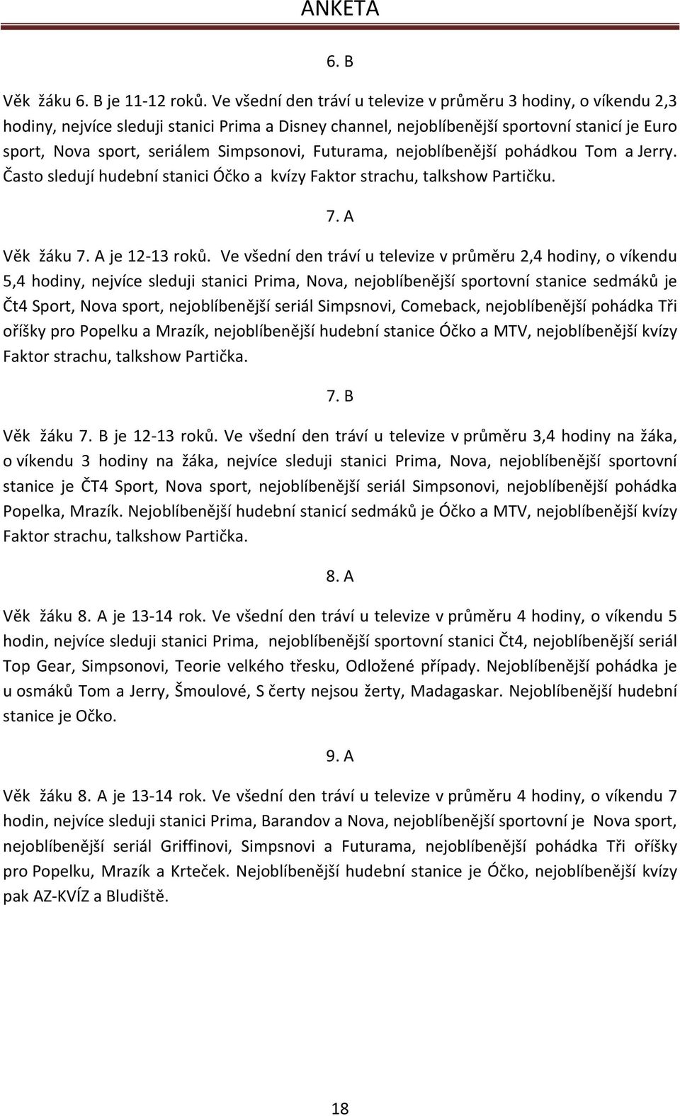 Simpsonovi, Futurama, nejoblíbenější pohádkou Tom a Jerry. Často sledují hudební stanici Óčko a kvízy Faktor strachu, talkshow Partičku. 7. A Věk žáku 7. A je 12 13 roků.