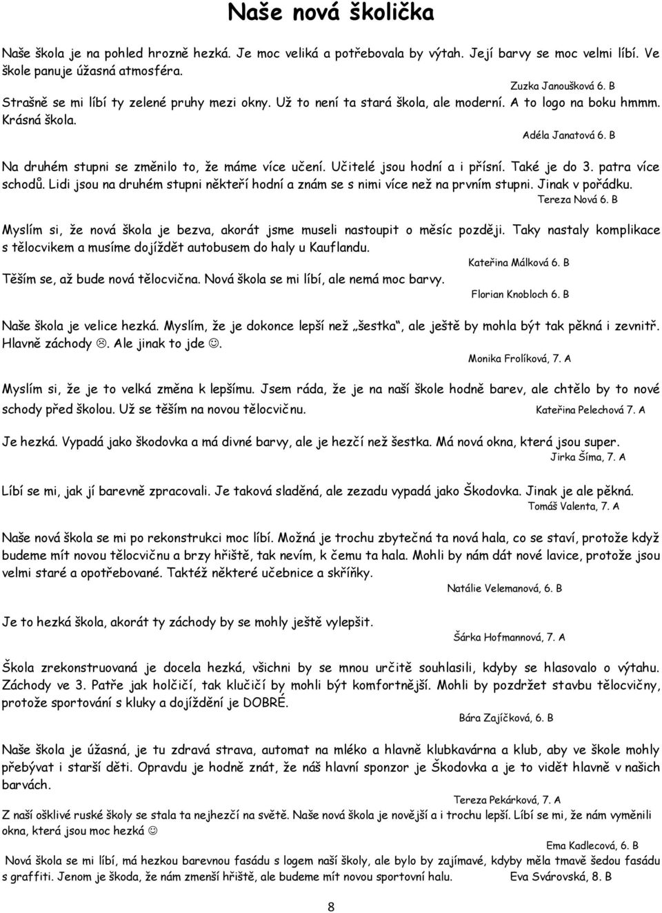 Učitelé jsou hodní a i přísní. Také je do 3. patra více schodů. Lidi jsou na druhém stupni někteří hodní a znám se s nimi více než na prvním stupni. Jinak v pořádku. Tereza Nová 6.