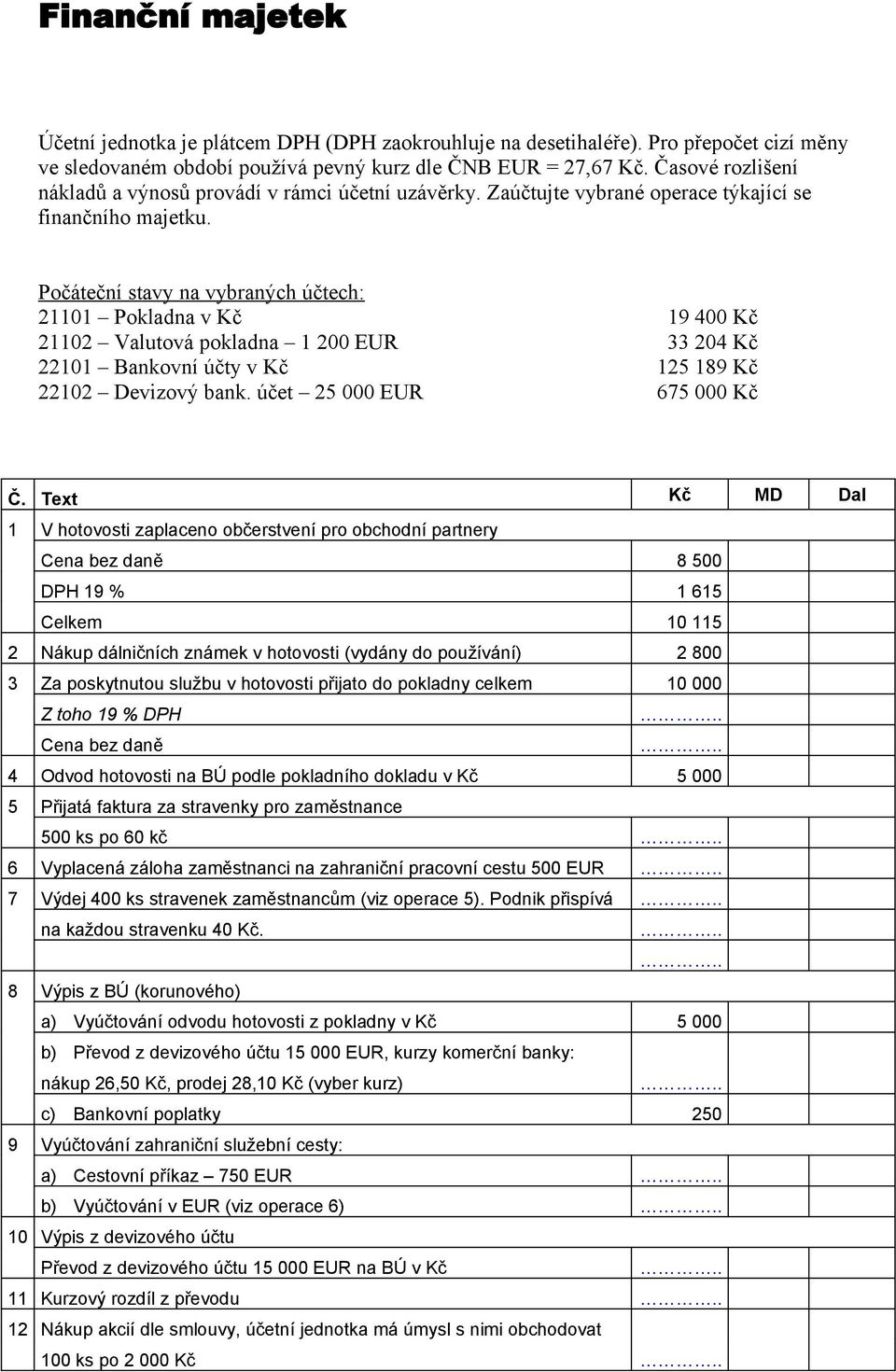 Počáteční stavy na vybraných účtech: 21101 Pokladna v Kč 19 400 Kč 21102 Valutová pokladna 1 200 EUR 33 204 Kč 22101 Bankovní účty v Kč 125 189 Kč 22102 Devizový bank. účet 25 000 EUR 675 000 Kč Č.