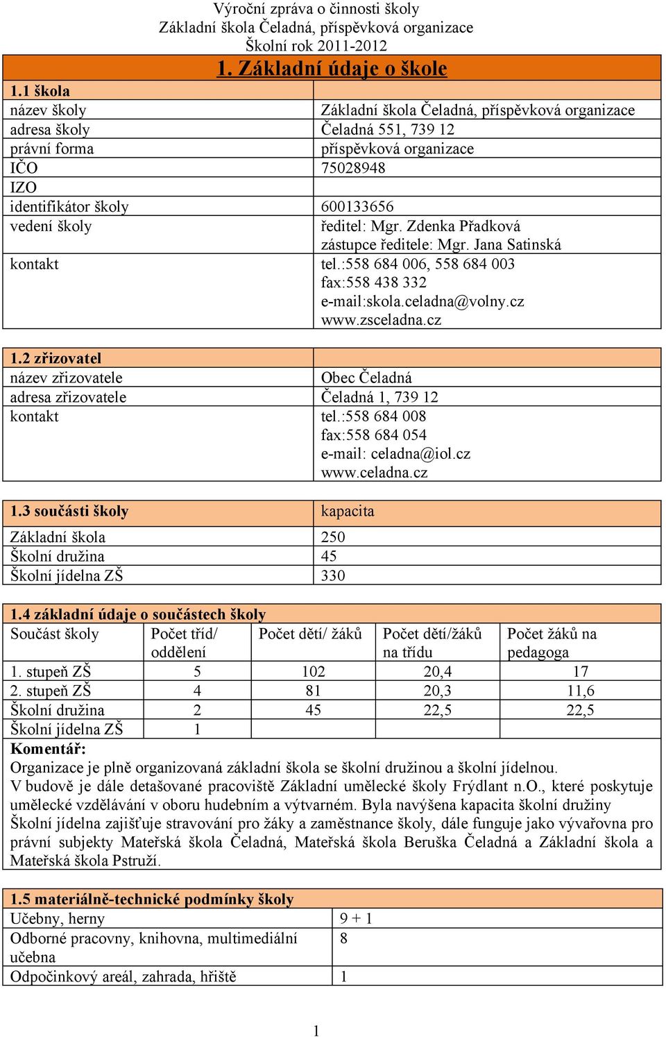 2 zřizovatel název zřizovatele Obec Čeladná adresa zřizovatele Čeladná 1, 739 12 kontakt tel.:558 684 008 fax:558 684 054 e-mail: celadna@iol.cz www.celadna.cz 1.