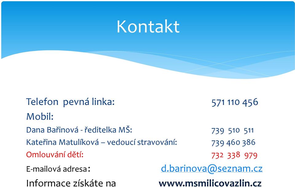 stravování: 739 460 386 Omlouvání dětí: 732 338 979 E-mailová