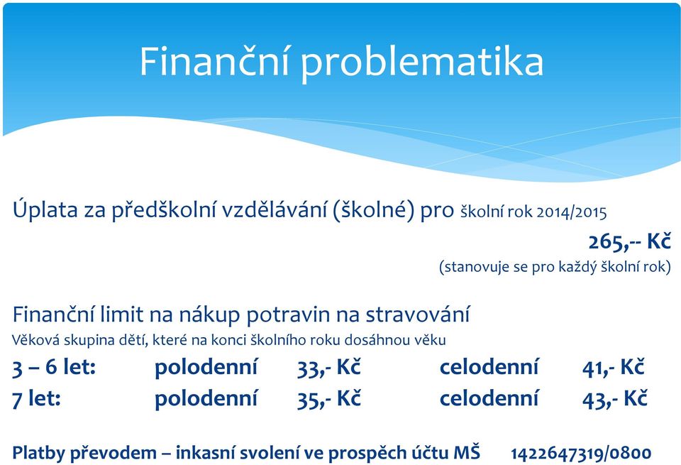 dětí, které na konci školního roku dosáhnou věku 3 6 let: polodenní 33,- Kč celodenní 41,- Kč 7