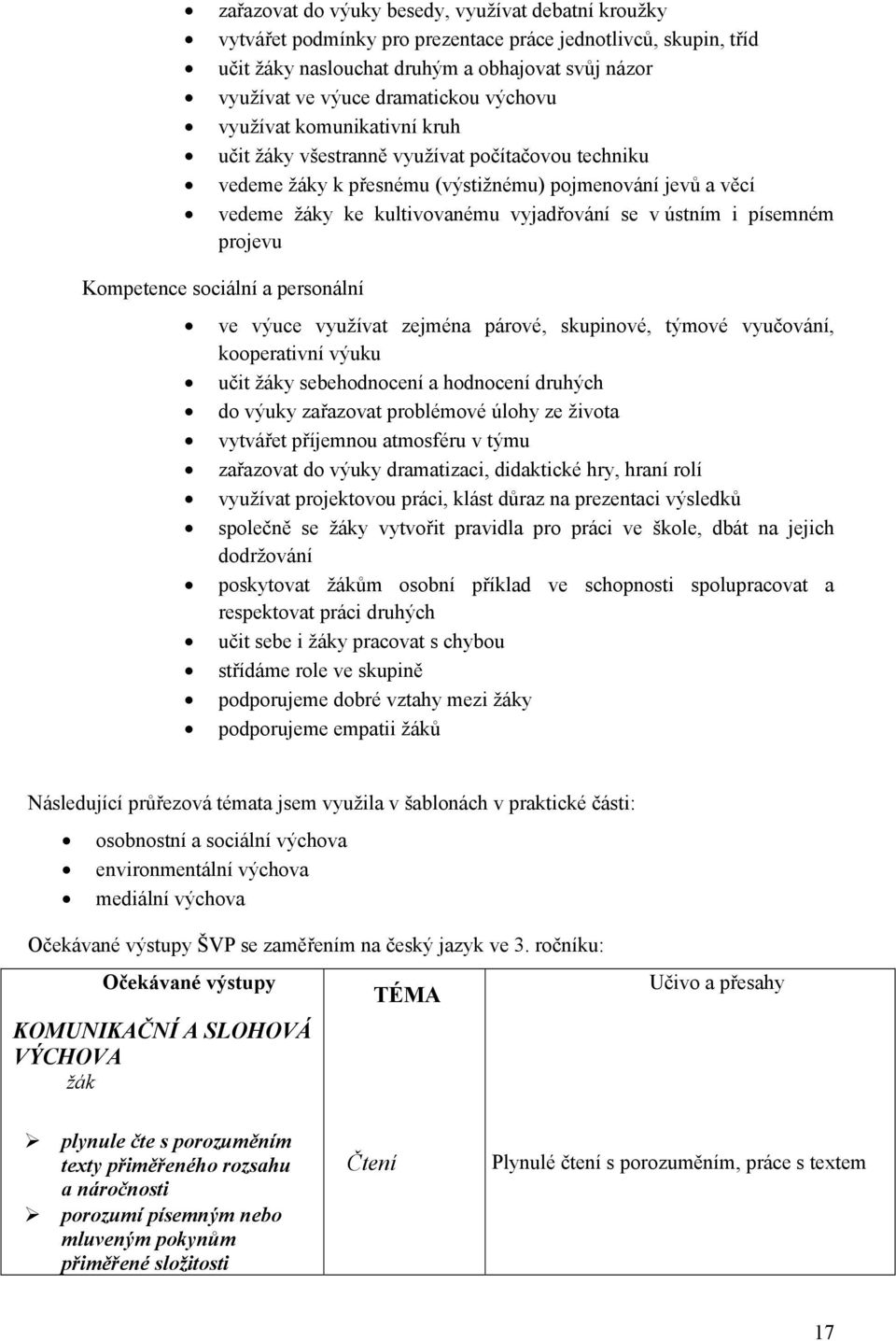 i písemném projevu Kompetence sociální a personální ve výuce využívat zejména párové, skupinové, týmové vyučování, kooperativní výuku učit žáky sebehodnocení a hodnocení druhých do výuky zařazovat