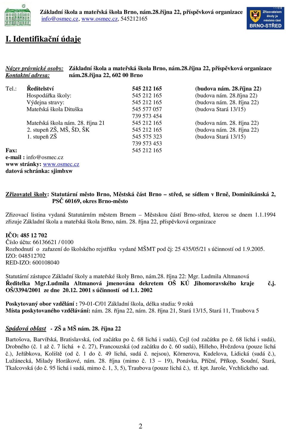 : Ředitelství 545 212 165 (budova nám. 28.října 22) Hospodářka školy: 545 212 165 (budova nám. 28.října 22) Výdejna stravy: 545 212 165 (budova nám. 28. října 22) Mateřská škola Dituška 545 577 057 (budova Stará 13/15) 739 573 454 Mateřská škola nám.