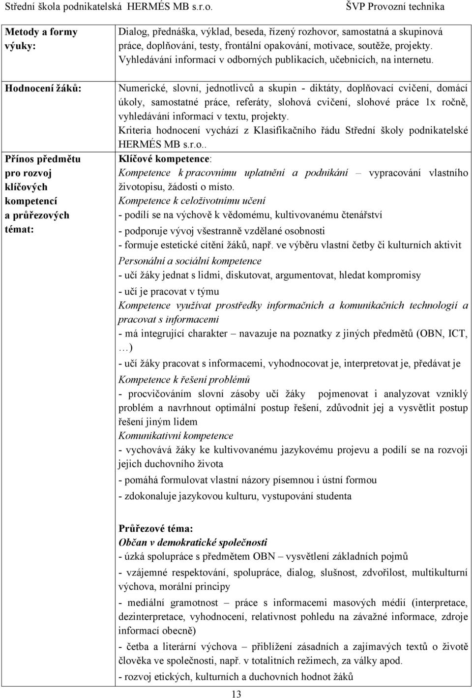 Numerické, slovní, jednotlivců a skupin - diktáty, doplňovací cvičení, domácí úkoly, samostatné práce, referáty, slohová cvičení, slohové práce 1x ročně, vyhledávání informací v textu, projekty.