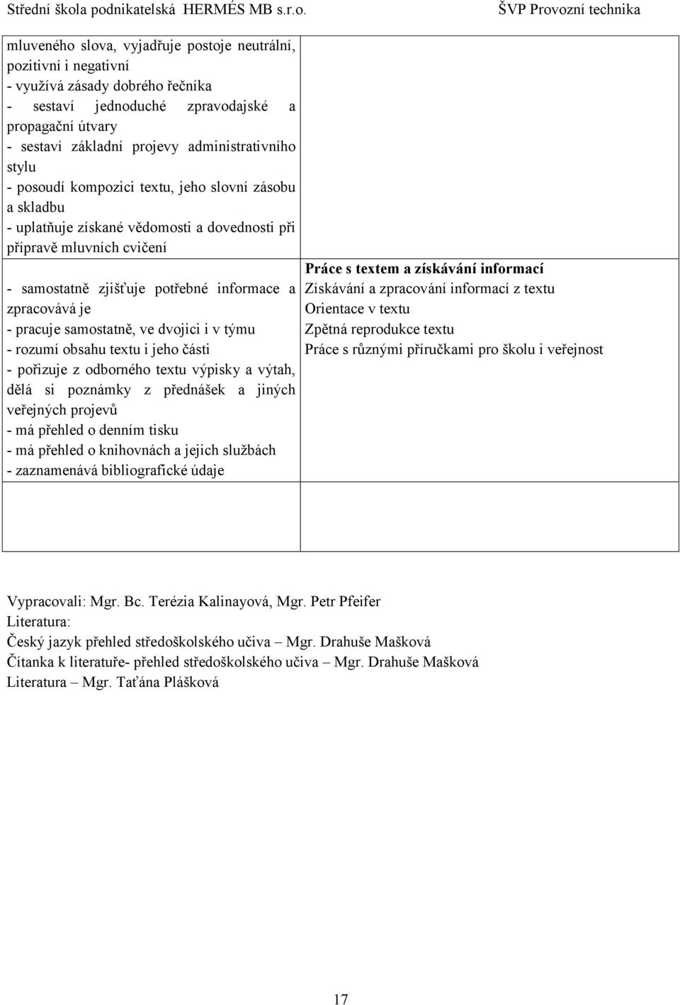 pracuje samostatně, ve dvojici i v týmu - rozumí obsahu textu i jeho části - pořizuje z odborného textu výpisky a výtah, dělá si poznámky z přednášek a jiných veřejných projevů - má přehled o denním