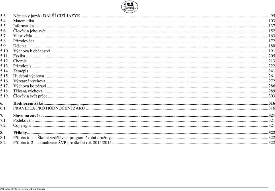 Tělesná výchova... 289 5.19. Člověk a svět práce... 303 6. Hodnocení žáků... 316 6.1. PRAVIDLA PRO HODNOCENÍ ŽÁKŮ... 316 7. Slovo na závěr... 321 7.1. Poděkování... 321 7.2. Copyright... 321 8.