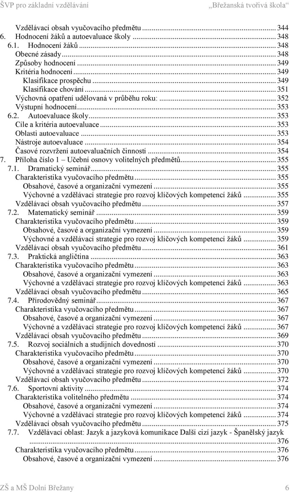 .. 353 Oblasti autoevaluace... 353 Nástroje autoevaluace... 354 Časové rozvržení autoevaluačních činností... 354 7. Příloha číslo 1 Učební osnovy volitelných předmětů... 355 7.1. Dramatický seminář.