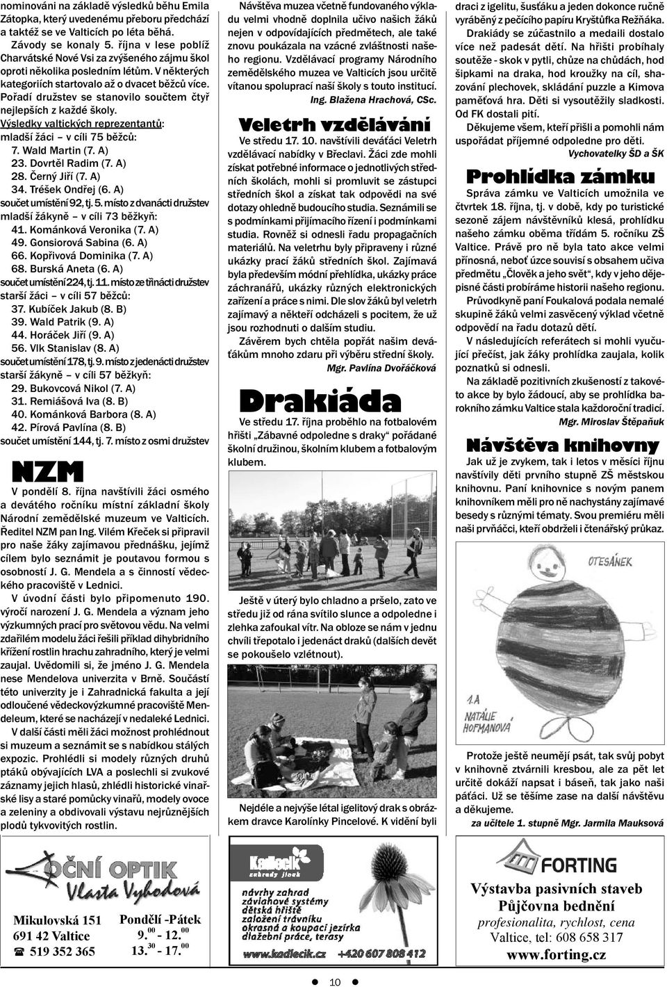 Pořadí družstev se stanovilo součtem čtyř nejlepších z každé školy. Výsledky valtických reprezentantů: mladší žáci v cíli 75 běžců: 7. Wald Martin (7. A) 23. Dovrtěl Radim (7. A) 28. Černý Jiří (7.