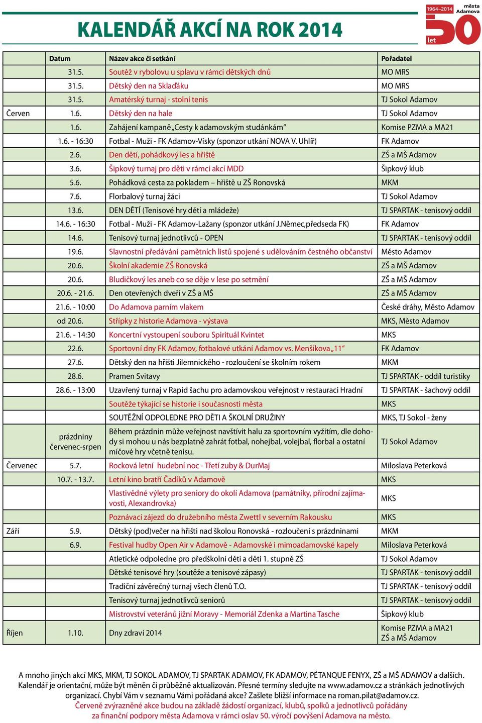 5. Soutěž v rybolovu u splavu v rámci dětských dnů MO MRS 31.5. Dětský den na Sklaďáku MO MRS 31.5. Amatérský turnaj - stolní tenis TJ Sokol Adamov Červen 1.6.