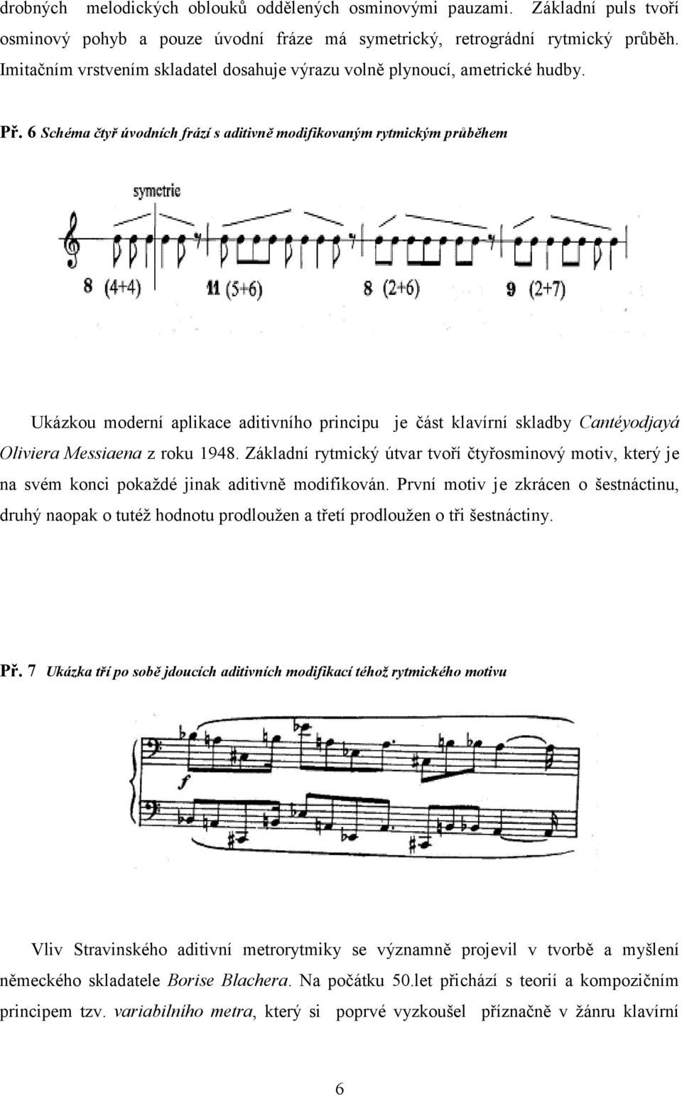 6 Schéma čtyř úvodních frází s aditivně modifikovaným rytmickým průběhem Ukázkou moderní aplikace aditivního principu je část klavírní skladby Cantéyodjayá Oliviera Messiaena z roku 1948.