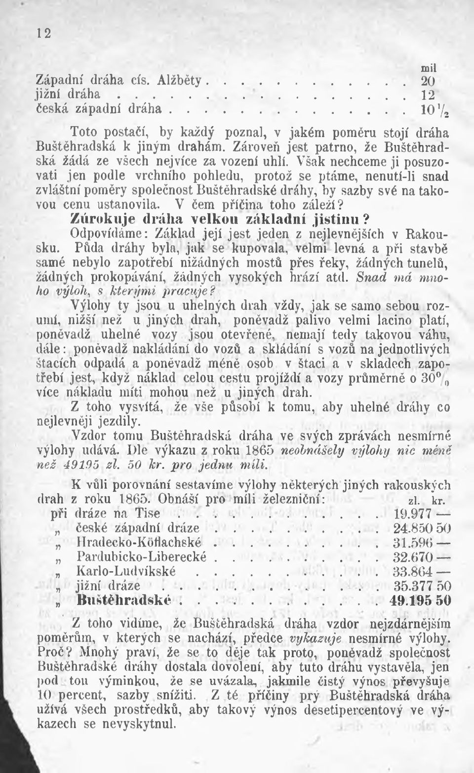 Však nechceme ji posuzovati jen podle vrchního pohledu, protož se ptáme, nenutí-li snad zvláštní poměry společnost Buštěhradské dráhy, by sazby své na takovou cenu ustanovila.