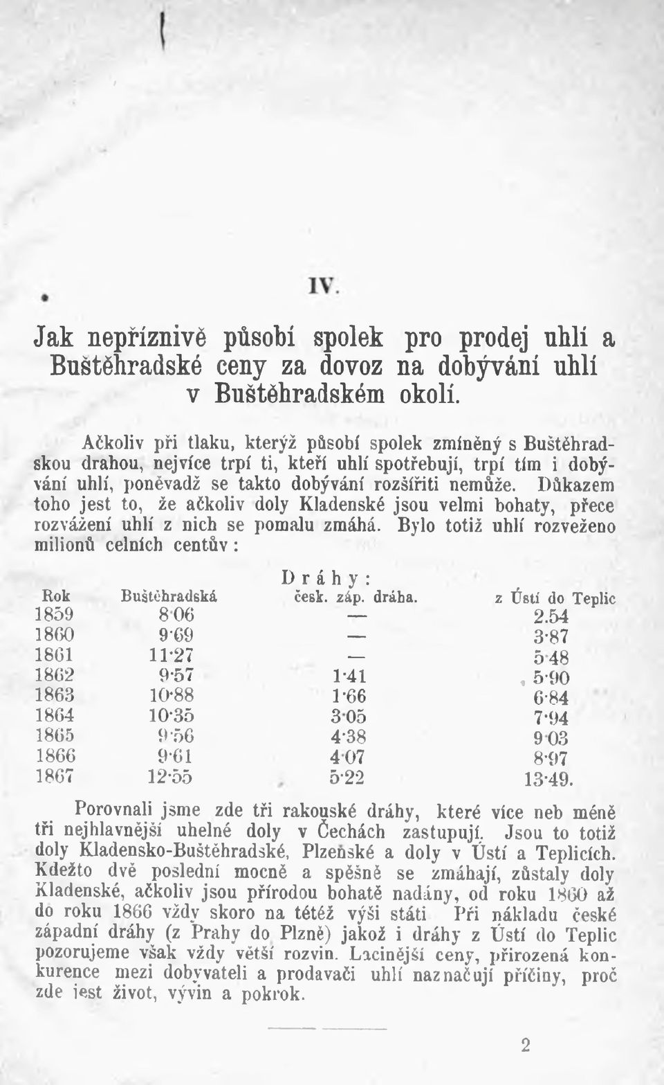 Důkazem toho jest to, že ačkoliv doly Kladenské jsou velmi bohatý, přece rozvážení uhlí z nich se pomalu zmáhá. Bylo totiž uhlí rozveženo milionů celních centů v : Dráhy: Rok Buštěhradská česk. záp.