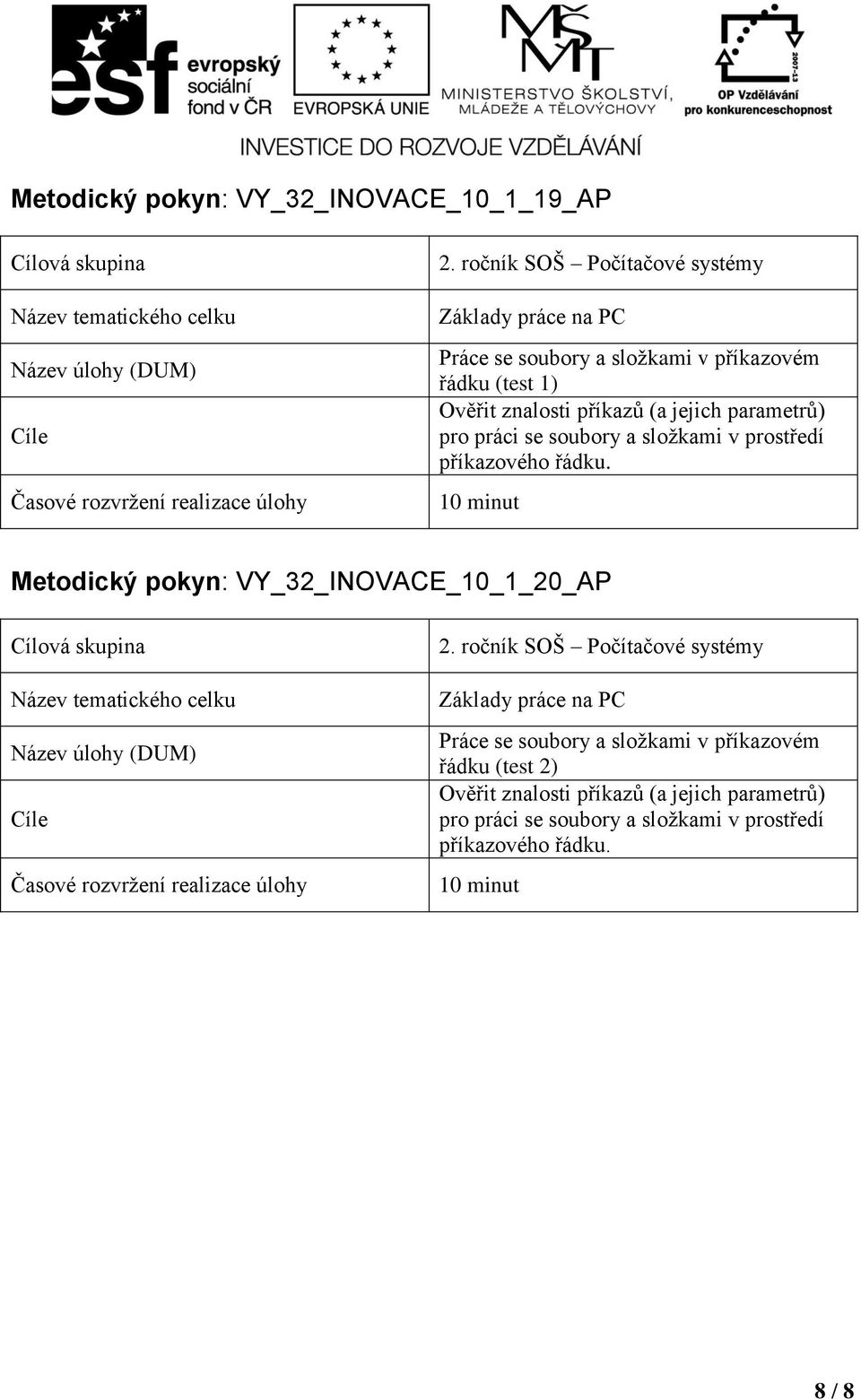 parametrů) pro práci se soubory a složkami v prostředí příkazového řádku. Metodický pokyn: VY_32_INOVACE_10_1_20_AP 2.