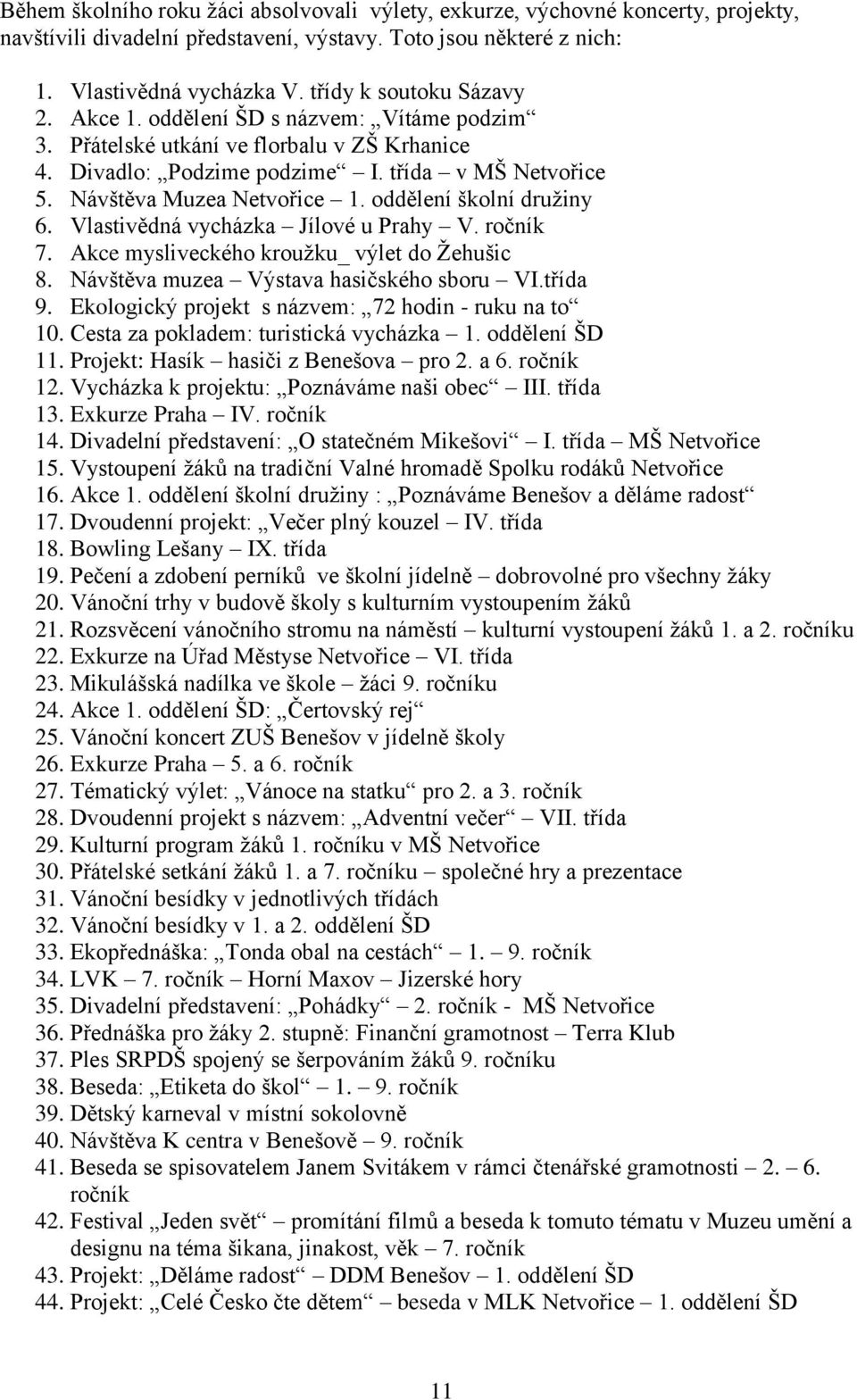 oddělení školní družiny 6. Vlastivědná vycházka Jílové u Prahy V. ročník 7. Akce mysliveckého kroužku_ výlet do Žehušic 8. Návštěva muzea Výstava hasičského sboru VI.třída 9.