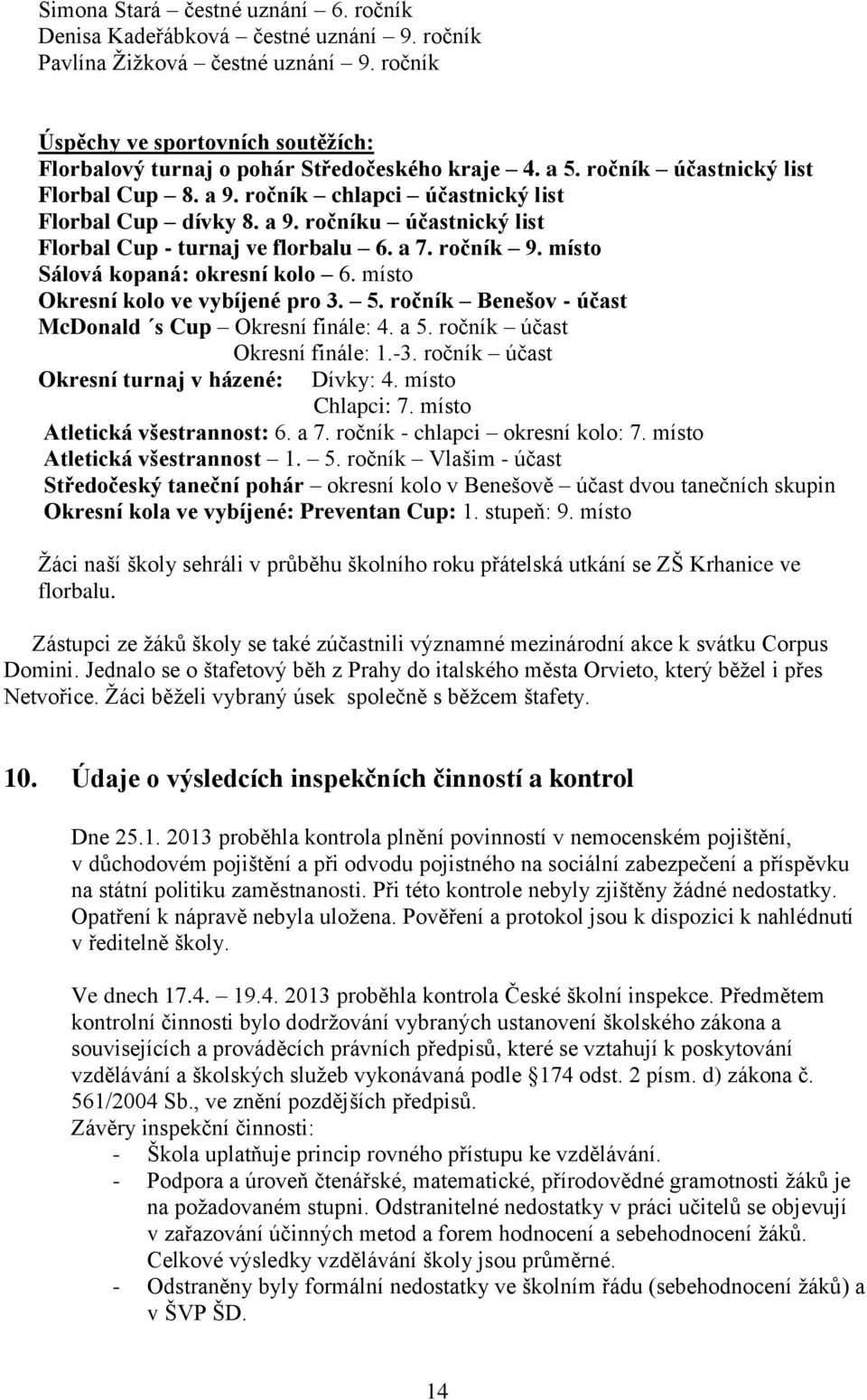 a 7. ročník 9. místo Sálová kopaná: okresní kolo 6. místo Okresní kolo ve vybíjené pro 3. 5. ročník Benešov - účast McDonald s Cup Okresní finále: 4. a 5. ročník účast Okresní finále: 1.-3.