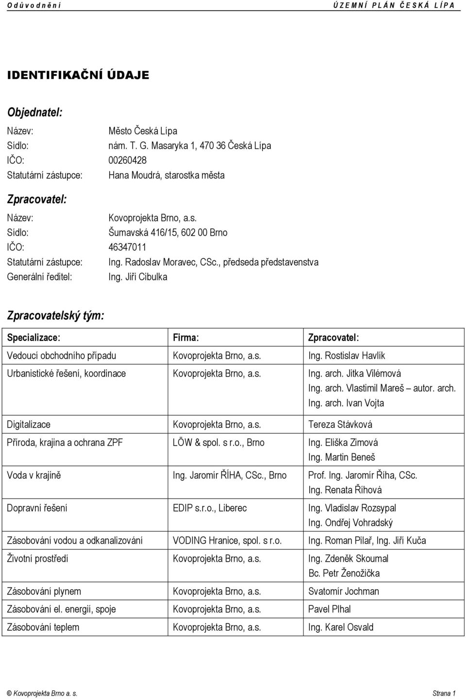 Radoslav Moravec, CSc., předseda představenstva Generální ředitel: Ing. Jiří Cibulka Zpracovatelský tým: Specializace: Firma: Zpracovatel: Vedoucí obchodního případu Kovoprojekta Brno, a.s. Ing. Rostislav Havlík Urbanistické řešení, koordinace Kovoprojekta Brno, a.