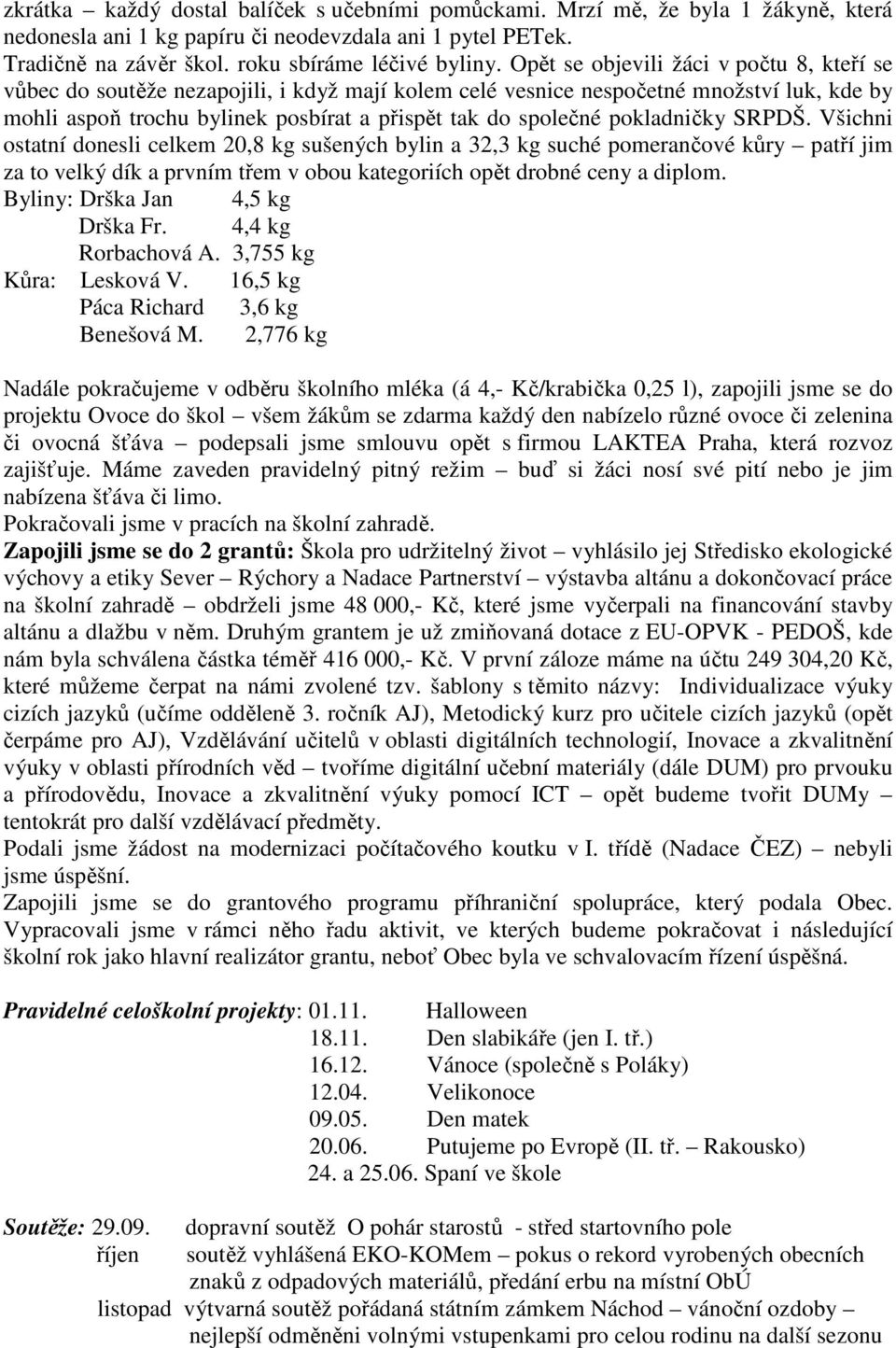 pokladničky SRPDŠ. Všichni ostatní donesli celkem 20,8 kg sušených bylin a 32,3 kg suché pomerančové kůry patří jim za to velký dík a prvním třem v obou kategoriích opět drobné ceny a diplom.