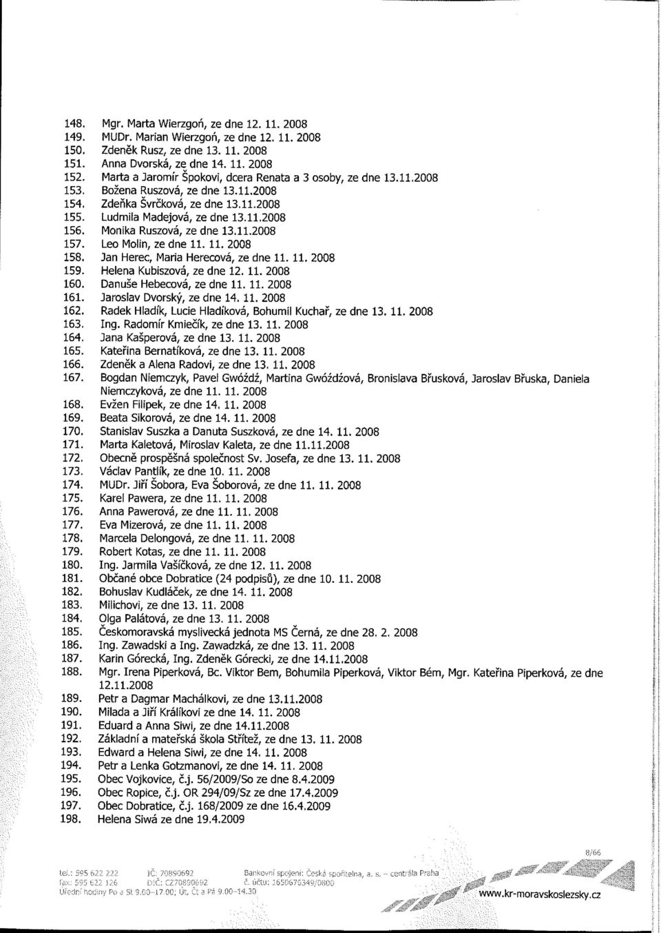Monika Ruszová, ze dne 13.11.2008 157. Leo Molìn, ze dne 11. 11. 2008 158. Jan Herec, Maria Herecová, ze dne 11. 11. 2008 159. Helena Kubiszová, ze dne 12. 11. 2008 160. Danuše Hebecová, ze dne 11.