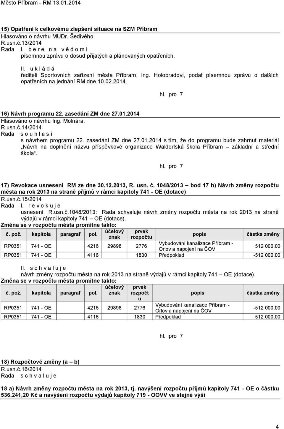 Molnára. R.usn.č.14/2014 Rada s o u h l a s í s návrhem programu 22. zasedání ZM dne 27.01.2014 s tím, ţe do programu bude zahrnut materiál Návrh na doplnění názvu příspěvkové organizace Waldorfská škola Příbram základní a střední škola.