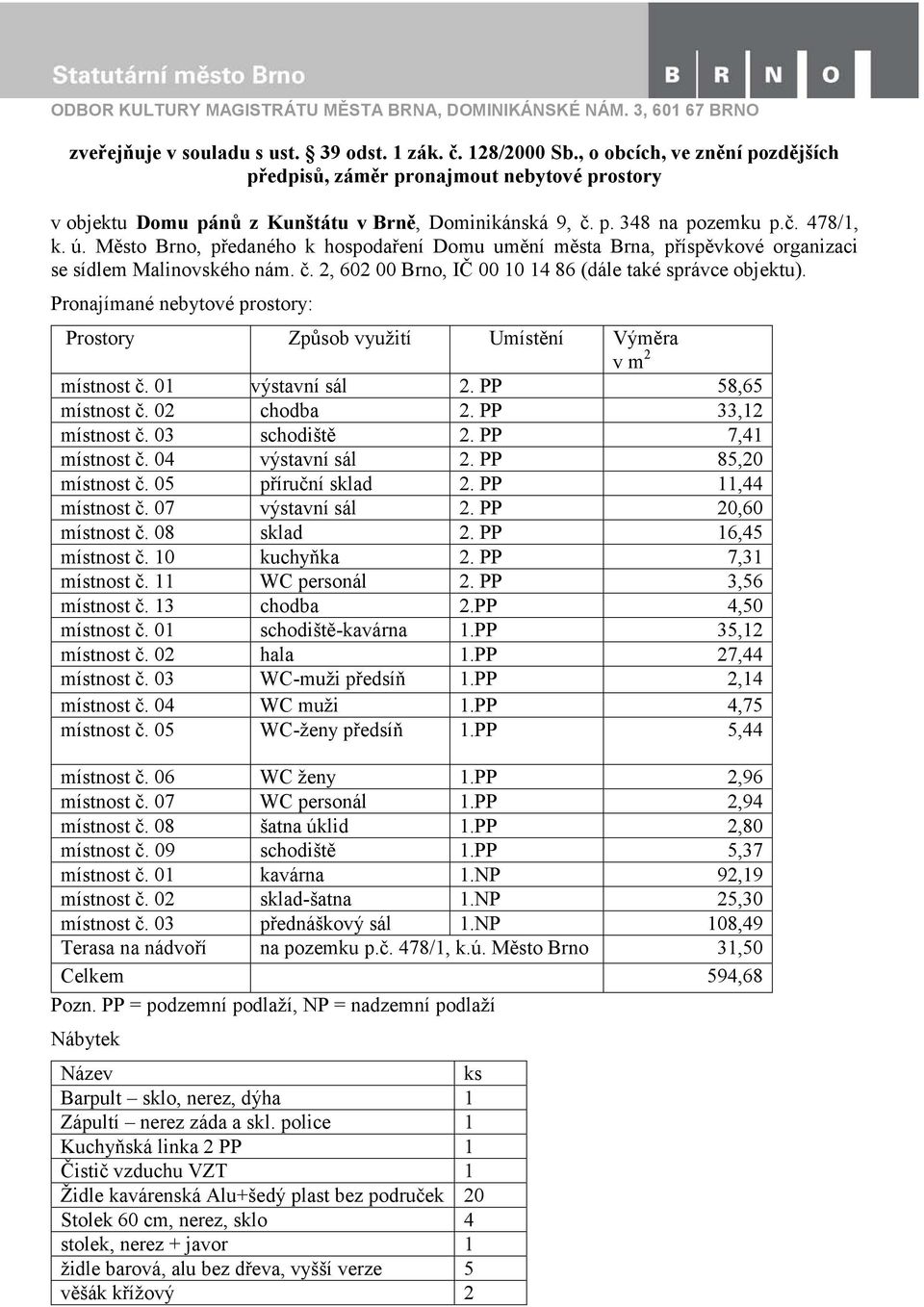 Město Brno, předaného k hospodaření Domu umění města Brna, příspěvkové organizaci se sídlem Malinovského nám. č. 2, 602 00 Brno, IČ 00 10 14 86 (dále také správce objektu).