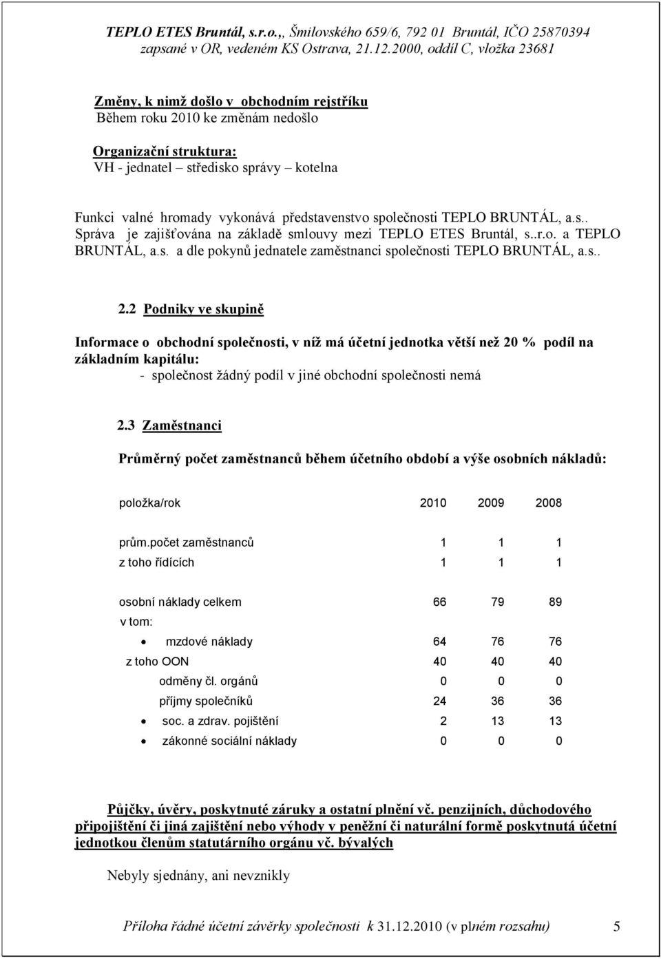 2 Podniky ve skupině Informace o obchodní společnosti, v níž má účetní jednotka větší než 20 % podíl na základním kapitálu: - společnost žádný podíl v jiné obchodní společnosti nemá 2.