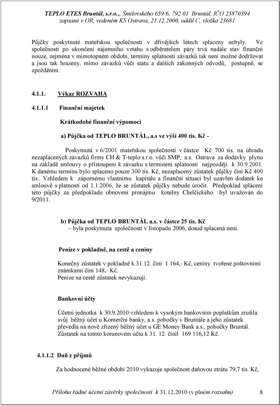 mimo závazků vůči státu a dalších zákonných odvodů, postupně, se zpožděním. 4.1.1. Výkaz ROZVAHA 4.1.1.1 Finanční majetek Krátkodobé finanční výpomoci a) Půjčka od TEPLO BRUNTÁL, a.s ve výši 400 tis.