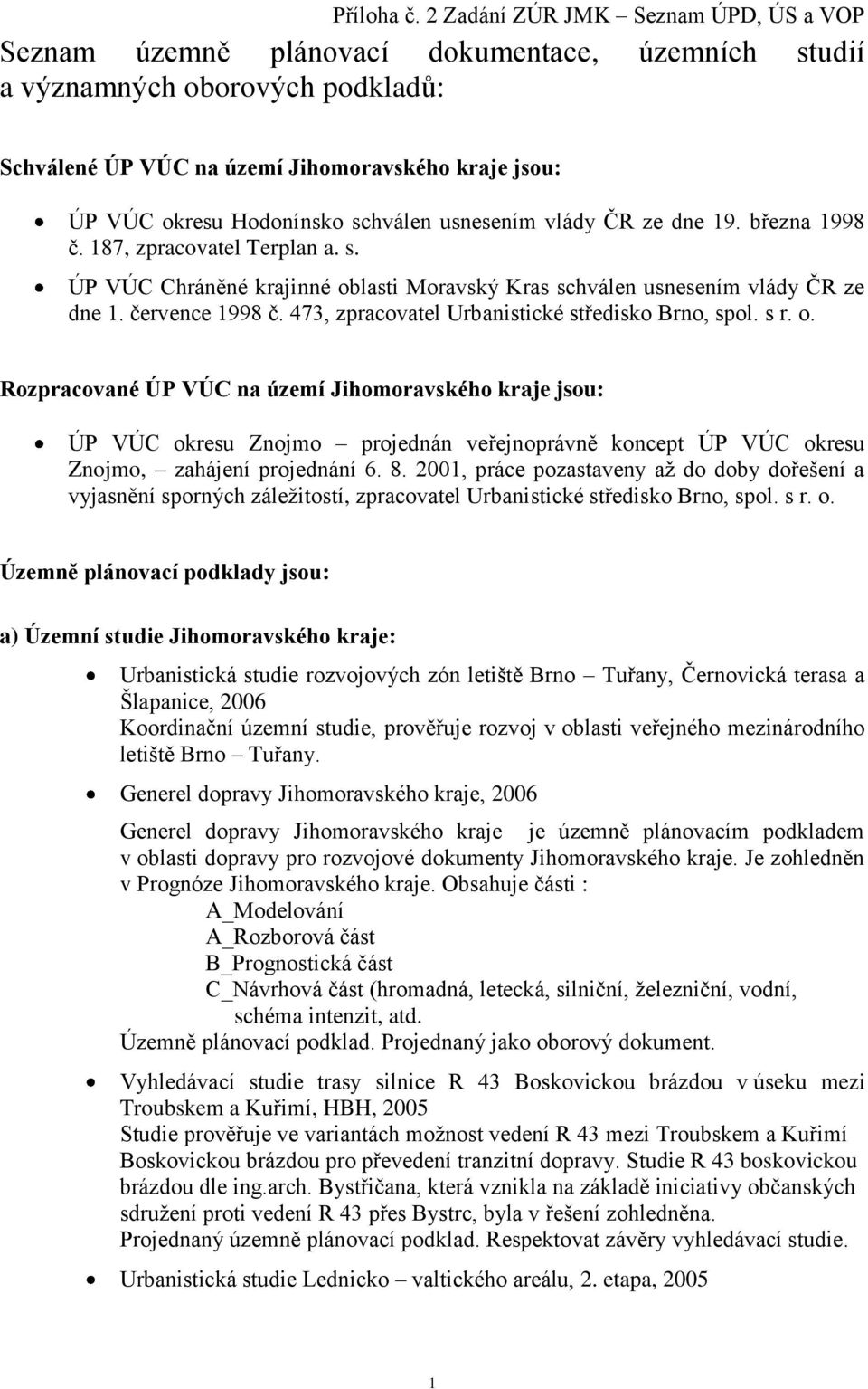 Hodonínsko schválen usnesením vlády ČR ze dne 19. března 1998 č. 187, zpracovatel Terplan a. s. ÚP VÚC Chráněné krajinné oblasti Moravský Kras schválen usnesením vlády ČR ze dne 1. července 1998 č.