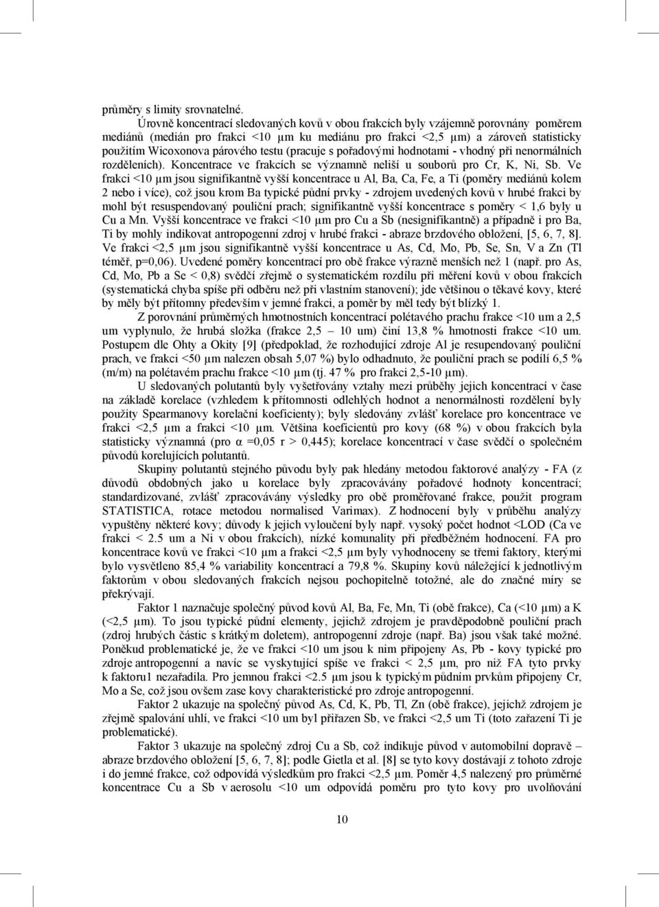 testu (pracuje s pořadovými hodnotami - vhodný při nenormálních rozděleních). Koncentrace ve frakcích se významně neliší u souborů pro Cr, K, Ni, Sb.