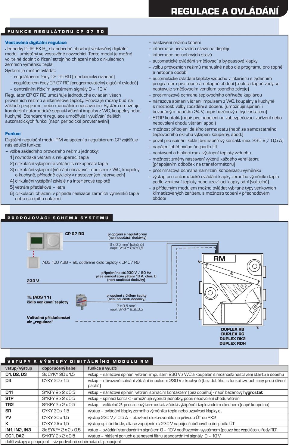 Systém je možné ovládat: regulátorem řady CP 05 RD (mehanký ovladač) regulátorem řady CP 07 RD (programovatelný dgtální ovladač) entrálním řídíím systémem sgnály 0 0 V Regulátor CP 07 RD umožňuje